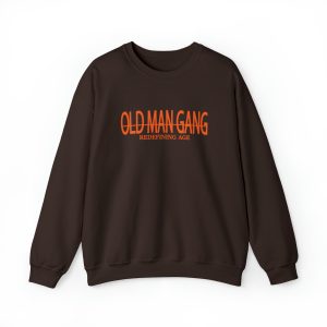 A brown sweatshirt with an old man gang logo on it.