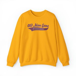A yellow sweatshirt with an old man gang logo on it.