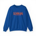 A blue sweatshirt with an old man gang logo on it.