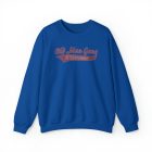 A blue sweatshirt with the words old miss grey in red lettering.