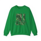 A green sweatshirt with camouflage print on it.