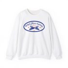 A white sweatshirt with an oval logo on it.