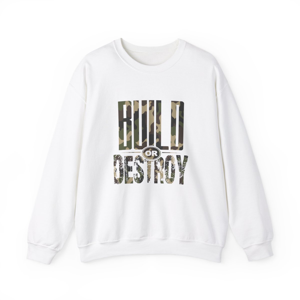 A white sweatshirt with the words hold on destroy written in black.