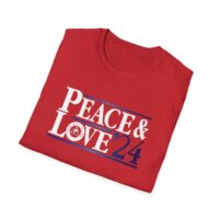 A red shirt with the words peace and love 2 4 written on it.